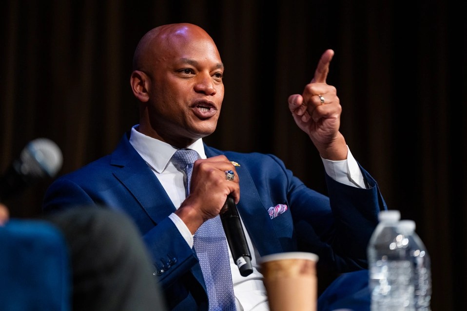 Maryland Gov. Wes Moore Maryland Gov. Wes Moore gestures while speaking into a microphone at a public event
