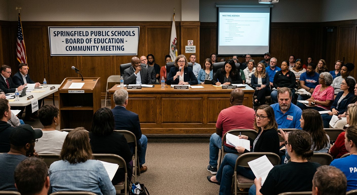 Parents and community members fill a school board community meeting as board members listen from the dais, illustrating public educators weighing the Federal Scholarship Tax Credit